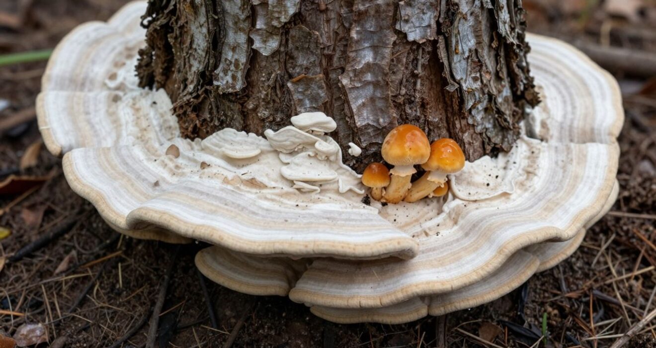 Tree with visible signs of armillaria root rot including discolored bark and fungal growth.