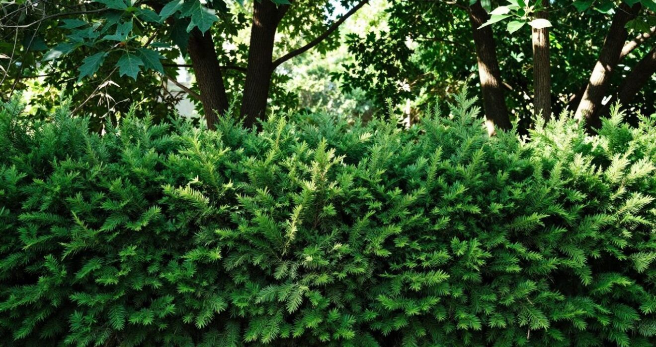 Emerald cedar hedge row of Thuja occidentalis creating a formal green border in a garden landscape.