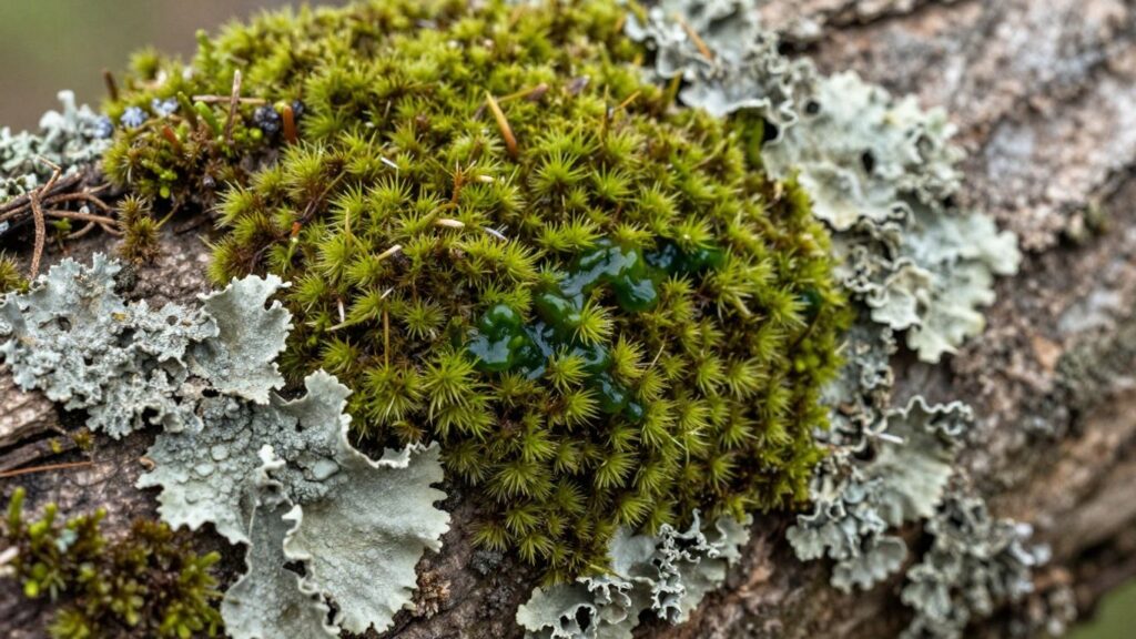 Moss on trees growing with lichen on tree bark close-up.