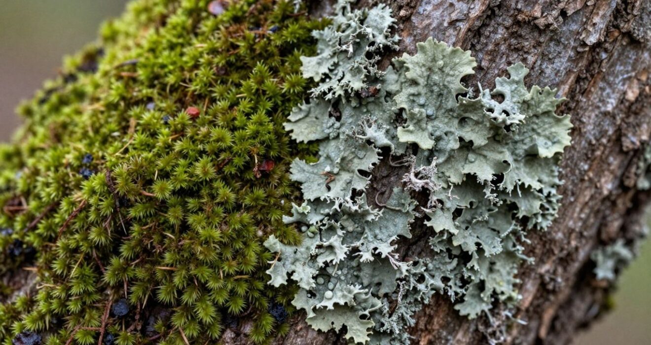 Moss on trees and lichen growing on tree bark in a natural forest environment
