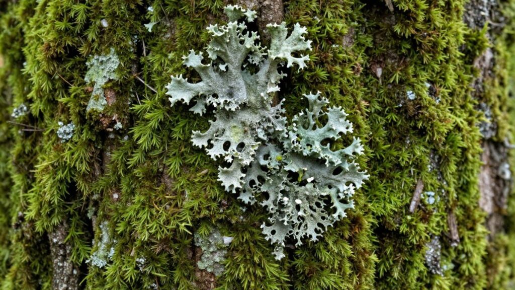 Moss on trees with lichen growing on tree bark close-up.