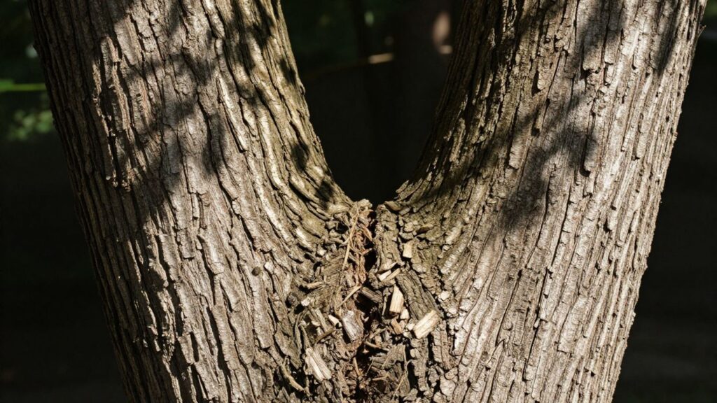 Two tree trunks growing together, forming a V-shape.