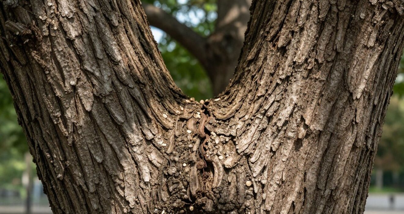Two tree trunks merging at a V-shaped union.